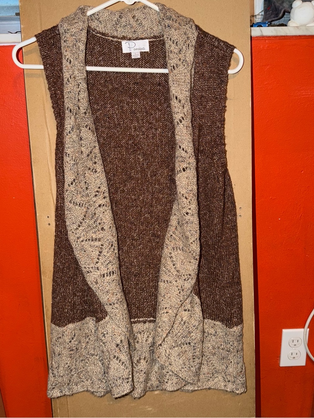 Ponsisa Brown and Cream Open-Front Sleeveless Knit Sweater Cardigan